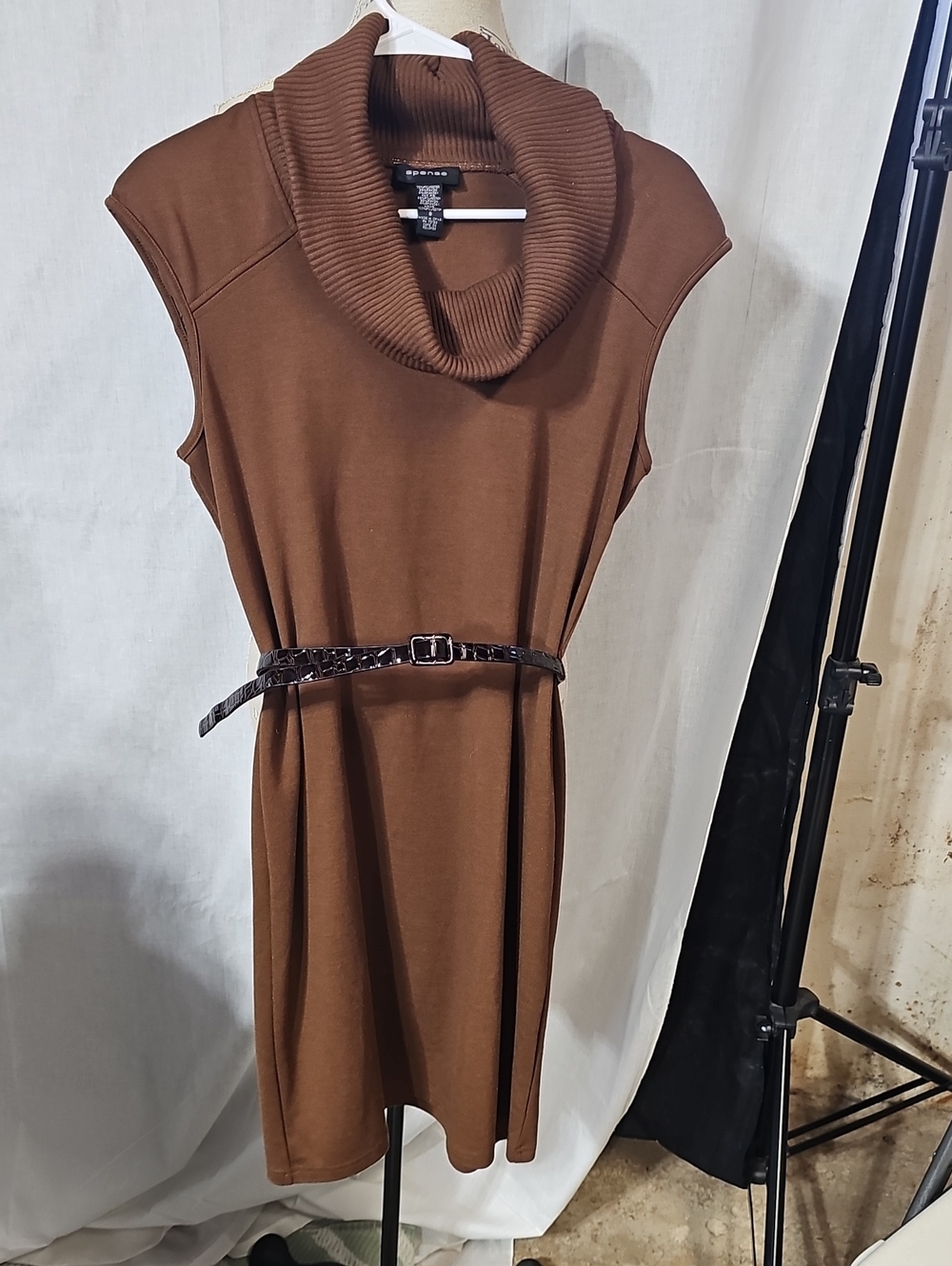 Spense Brown Cowl Neck Mini Dress with Belt